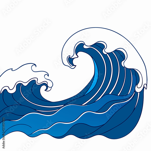Stylized ocean wave in bold blue and white. Dynamic illustration reminiscent of Japanese woodblock prints. Concept: surf shop, marine conservation, coastal home decor.