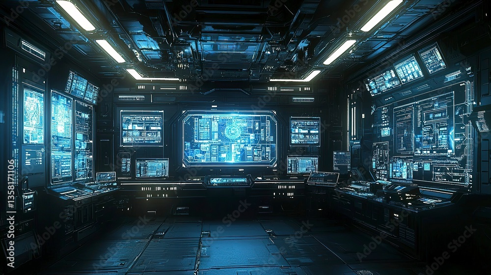 A futuristic control room with glowing screens and technological displays A futuristic control room with glowing screens and technological displays