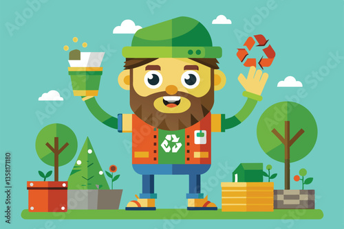 A friendly cartoon figure engages in upcycling activities surrounded by plants and recycling symbols, Upcycle Customizable Cartoon Illustration