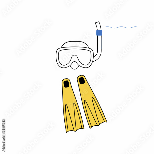 Snorkeling gear line drawing with colorful details. Mask, snorkel and flippers depicted in minimalist style. Concept: water sports shop, travel agency, beach resort.