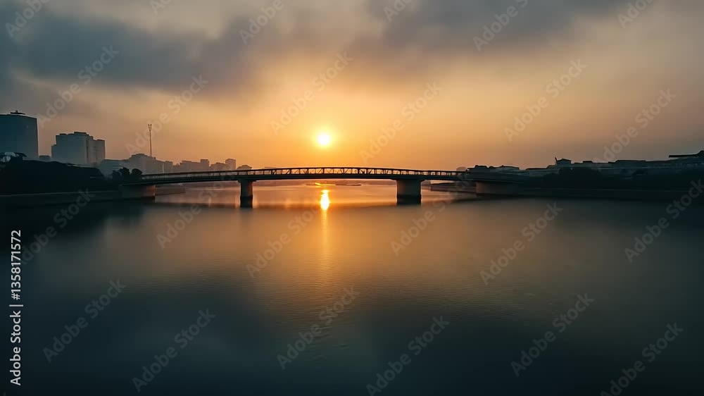 Serene sunrise over a tranquil river with a bridge, city skyline in the background, reflecting light Serene sunrise over a tranquil river with a bridge, city skyline in the background, reflecting light