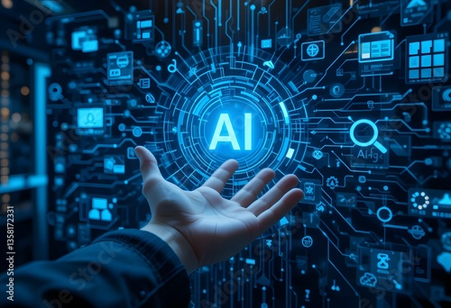 A futuristic AI-driven interface glowing in blue light, symbolizing the role of artificial intelligence in digital transformation. A human hand interacts with the AI system
