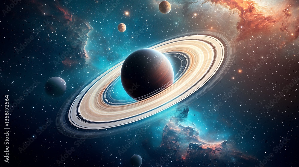 Obraz premium Ringed Planet for Cosmic Nebula, Space Exploration.