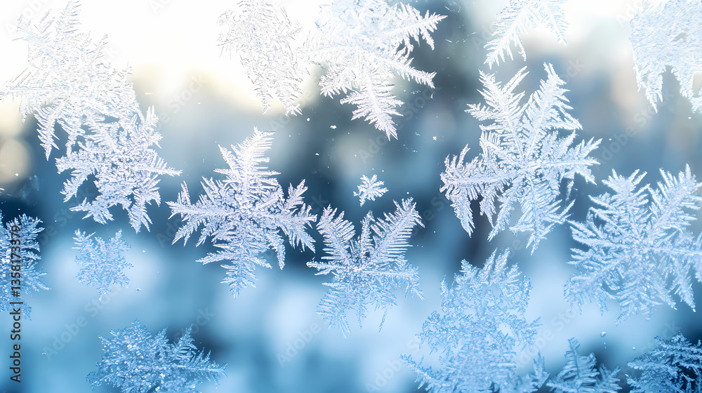 Delicate snowflakes on frosty glass windowpane, rime, glass, frosty. Whispering Glass. Illustration Delicate snowflakes on frosty glass windowpane, rime, glass, frosty. Whispering Glass. Illustration