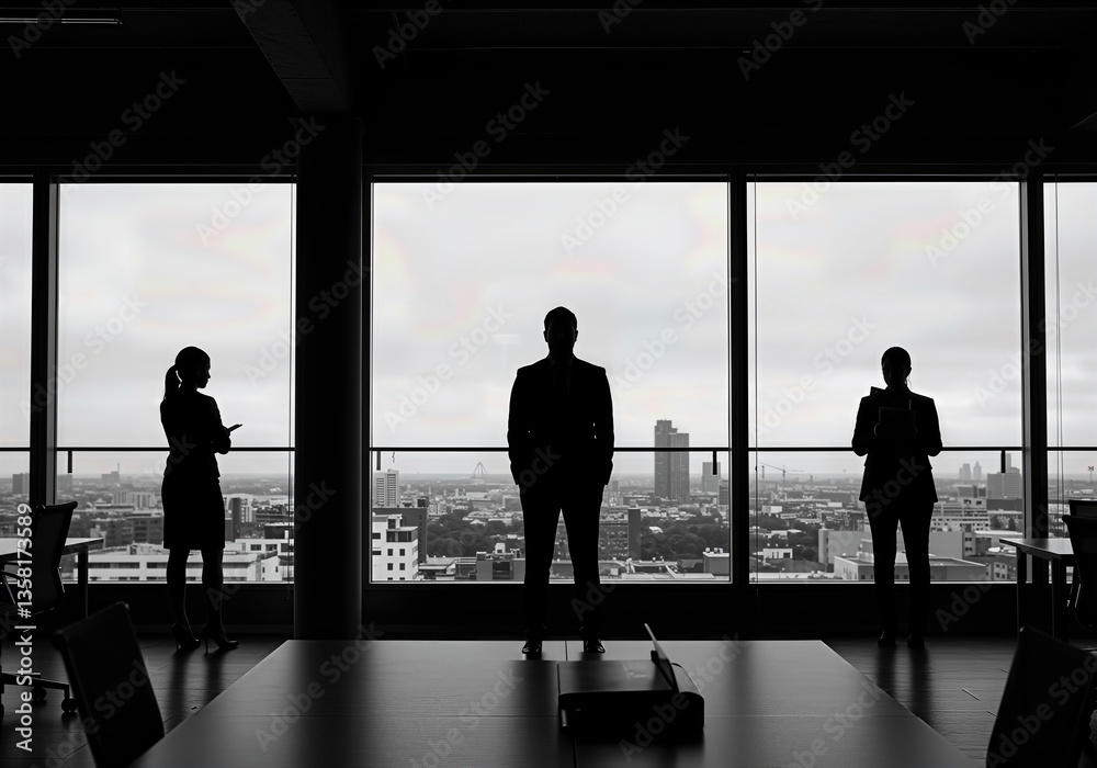 Silhouetted Business Team Meeting in Modern Office with City View Silhouetted Business Team Meeting in Modern Office with City View