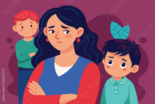 A mother stands with her arms crossed, looking upset, while two children appear concerned and sad nearby, Upset couple or mother with child with complicated relationship,
