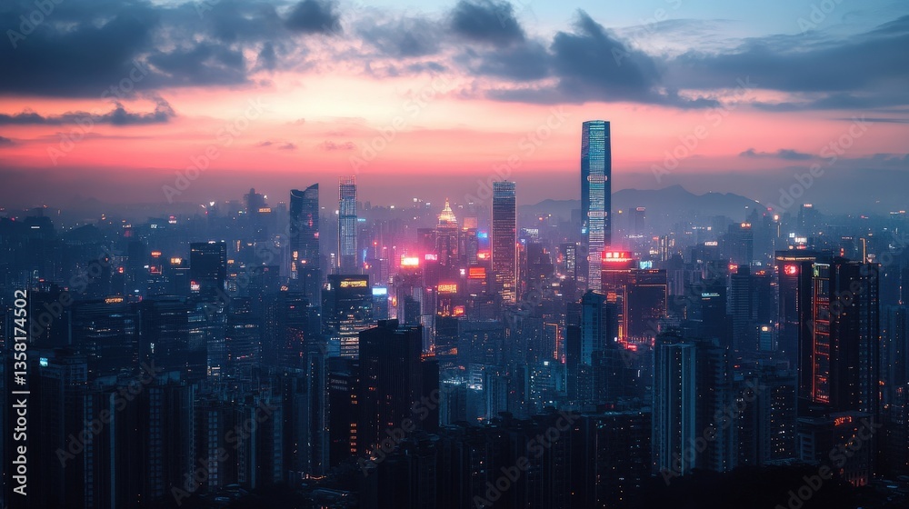 Fototapeta premium Panoramic view of a vibrant cityscape under a colorful dusk sky