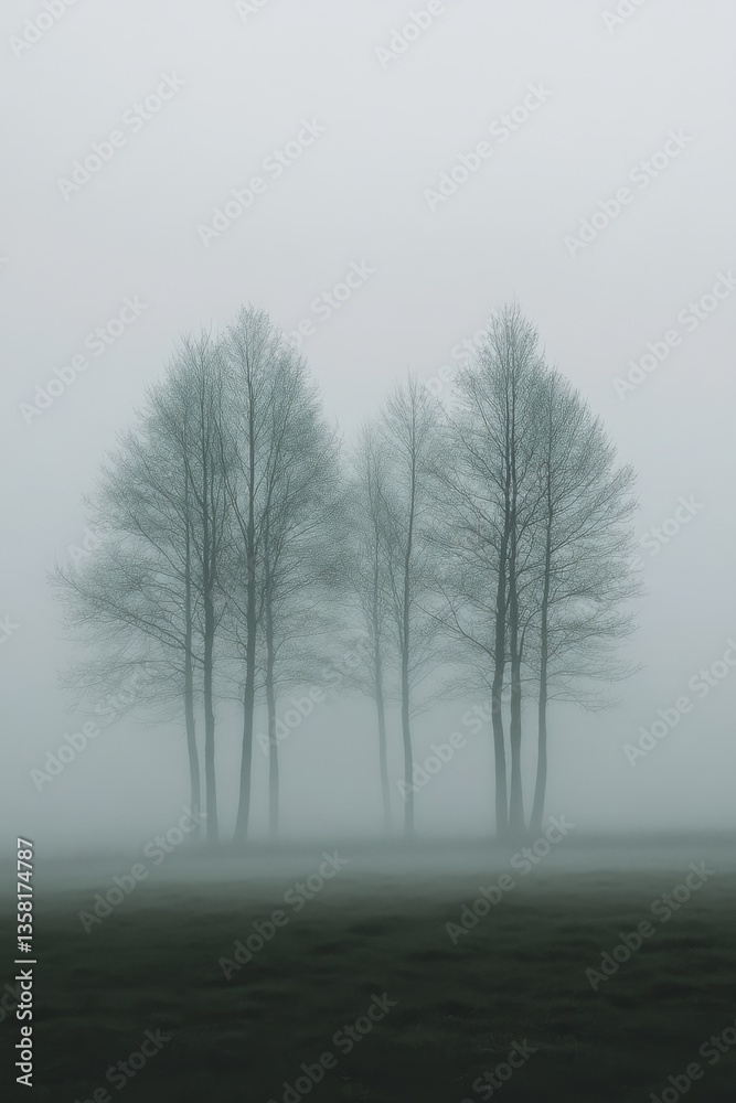 Fototapeta premium Foggy Field with Silhouetted Trees
