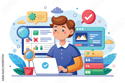 A person participates in usability testing of a customizable cartoon within a digital interface, Usability testing Customizable Cartoon Illustration