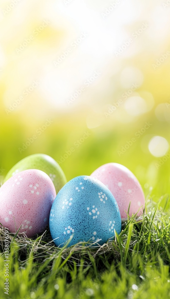 Fototapeta premium Colorful easter eggs, in a nest, nestled in grass on, a bright, sunny spring, nature background.