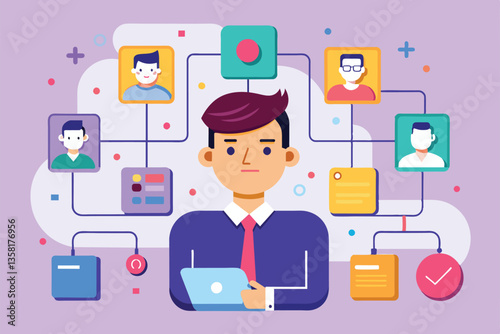 Wallpaper Mural A character interacts with a laptop, illustrating a customizable workflow connecting various user profiles and tasks, User flow Customizable Cartoon Illustration Torontodigital.ca