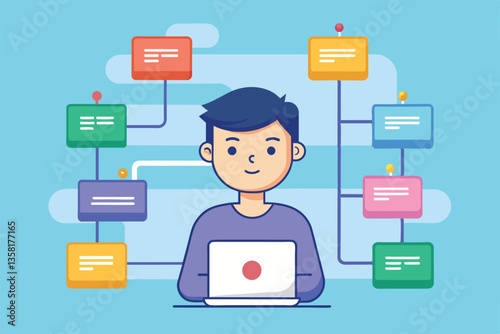 A person working on a laptop is surrounded by colorful boxes representing customizable user flows, User flow Customizable Cartoon Illustration
