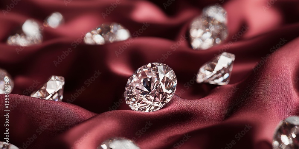 Sparkling Gems on Crimson Fabric: A captivating array of brilliant diamonds rest gracefully upon a rich crimson fabric, sparkling with light and offering a glimpse into luxury and opulence. Sparkling Gems on Crimson Fabric: A captivating array of brilliant diamonds rest gracefully upon a rich crimson fabric, sparkling with light and offering a glimpse into luxury and opulence.