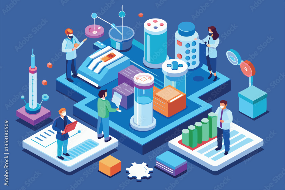 Illustration depicts scientists engaged in vaccine development, demonstrating various lab equipment and activities, Vaccine development Customizable Isometric Illustration Illustration depicts scientists engaged in vaccine development, demonstrating various lab equipment and activities, Vaccine development Customizable Isometric Illustration