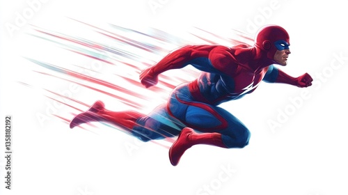 Superhero in red and blue suit running fast.