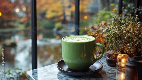 Cozy matcha latte by window, autumn view.  Possible use  Stock photo for cafes, restaurants, autumnal settings