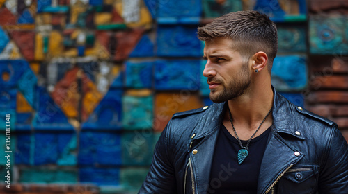 Confident Young Man in Leather Jacket with Colorful Mosaic Wall Background