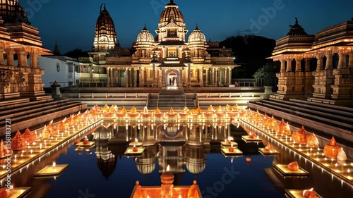 Ancient Indian temples beautifully illuminated with lamps for the vibrant Diwali festival, showcasing cultural heritage and community celebration during the nighttime festivities