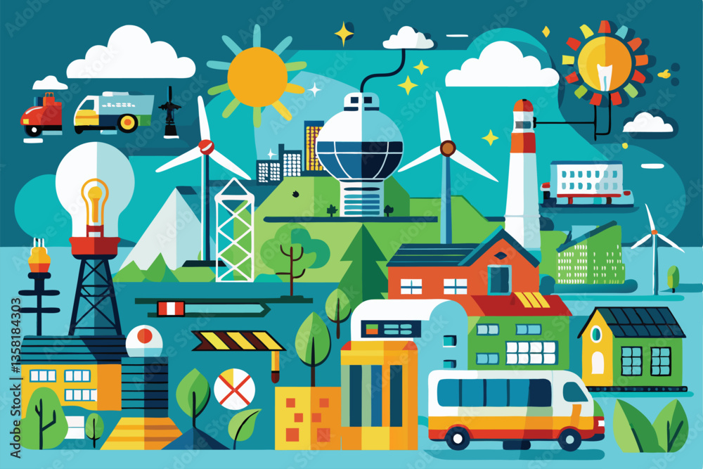 A colorful representation showcasing different energy sources in a bustling city environment, Various ways of obtaining energy resources and electricity, A colorful representation showcasing different energy sources in a bustling city environment, Various ways of obtaining energy resources and electricity,