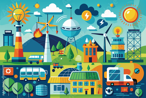 Vibrant illustration of wind, solar, and hydro energy sources producing power, Various ways of obtaining energy resources and electricity,