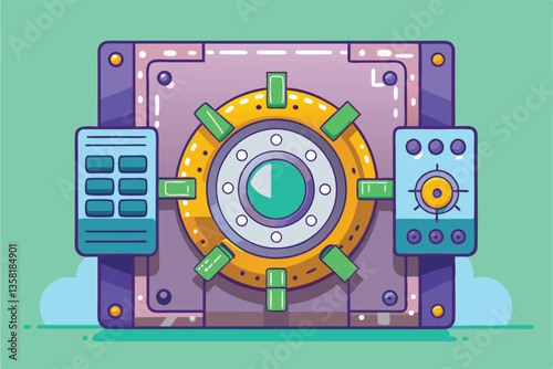 A vibrant vault illustration featuring a circular lock mechanism and control panels on the side, Vault Customizable Flat Illustration