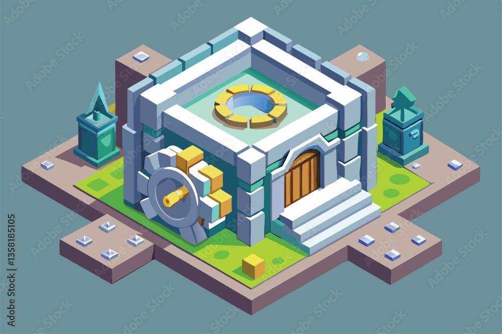 Fototapeta premium A detailed isometric illustration of a customizable vault surrounded by green landscaping and stone features, Vault Customizable Isometric Illustration