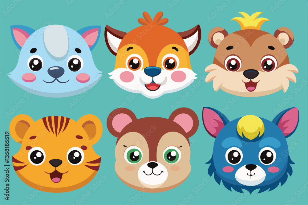 Naklejka premium This collection showcases adorable animal heads designed in a vibrant, playful vector style, Vector collection of cute animal heads