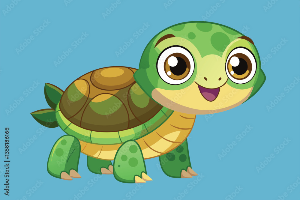 Fototapeta premium A cheerful turtle with a vibrant green shell smiles happily, showcasing its playful character, vector cute turtle cartoon style