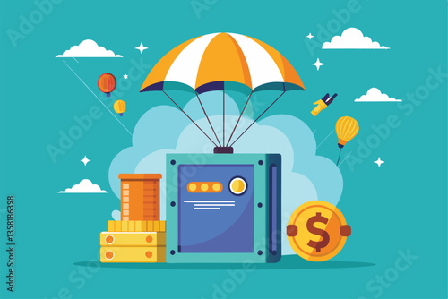 A colorful vector design shows a safe box with coins, showcasing a finance airdrop concept in a playful way, Vector finance airdrop and safe box