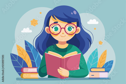 A girl with glasses is absorbed in reading a book, surrounded by vibrant plants and other books nearby, Vector illustration of a girl in glasses reading a book and holding a book