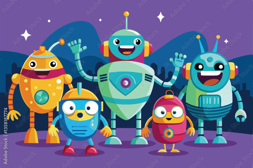 Obraz premium Five cheerful cartoon robots smile and wave in a colorful landscape with stars and mountains in the background, Vector illustration of a group of funny cartoon robots