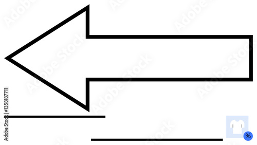 Bold left-facing arrow with thick black outline, accented by two horizontal lines and a small blue percentage icon. Ideal for guidance, navigation, direction, simplicity, clarity, focus, flat simple