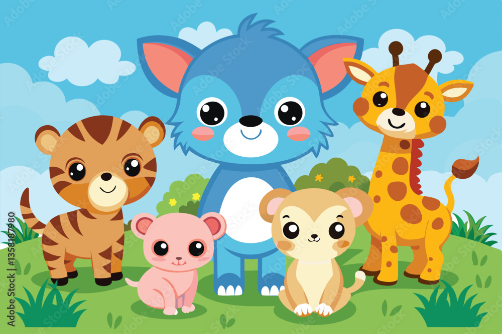 Naklejka premium A cheerful group of baby animals, including a tiger, bear, lion, and giraffe, enjoying a sunny day outdoors, Vector illustration of baby animals