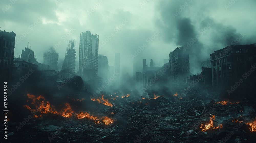 Obraz premium post-apocalyptic cityscape with destroyed buildings, burning rubble, and a polluted environment, symbolizing chaos, devastation, and the collapse of civilization amidst a bright light of hope