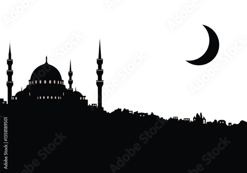 Black and white silhouette of an Islamic mosque skyline with a crescent moon, symbolizing spirituality, Ramadan, and cultural heritage. Ideal for religious posters, greeting cards. EPS 10