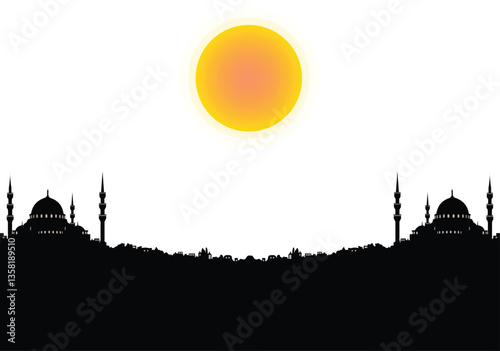 Silhouette of an Islamic city skyline with mosques and minarets against a glowing sun, representing spirituality, cultural heritage, and Ramadan. Perfect for religious designs, greeting cards. EPS 10