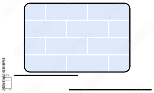 Light blue rectangular brick pattern with bold black outline minimal black lines and small suitcase icon. Ideal for structure, construction, simplicity, organization, minimalism, stability, flat
