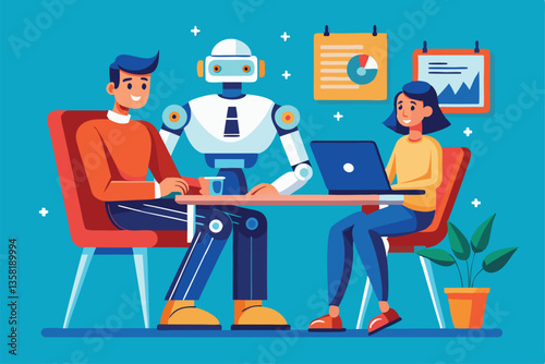 A man and a woman engage in a collaborative work session with a robot in a bright office environment, Vector of a man working with a robot sitting at table,