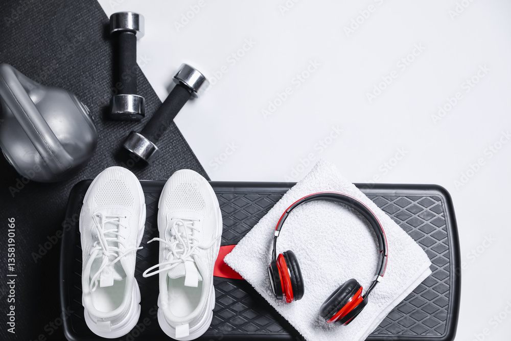 Fototapeta premium Different gym stuff and headphones on white background, flat lay. Space for text