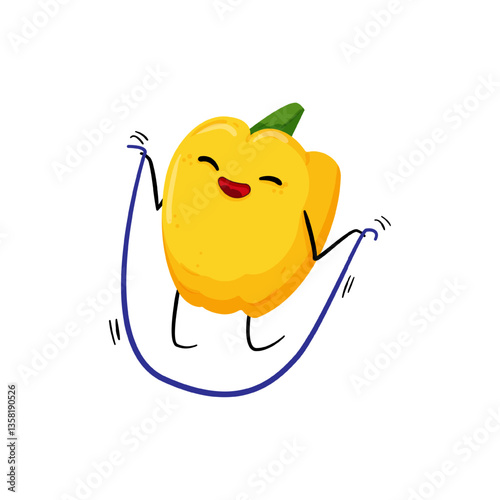 Vector illustration of a yellow pepper character jumping rope.