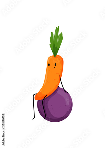 Vector illustration of a carrot character balancing on a purple exercise ball.