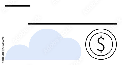 Simplified scene with blue cloud, dollar sign in circle, and horizontal lines. Ideal for finance, banking, technology, e-payments, investments cloud storage economic systems. Flat simple metaphor