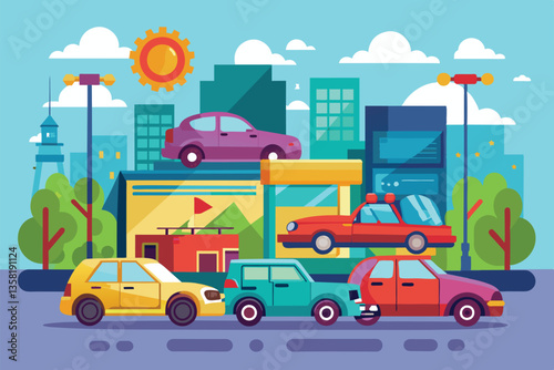 A colorful collection of vehicles showcased in a bustling city setting under a bright sunny sky, Vehicle sale Customizable Disproportionate Illustration