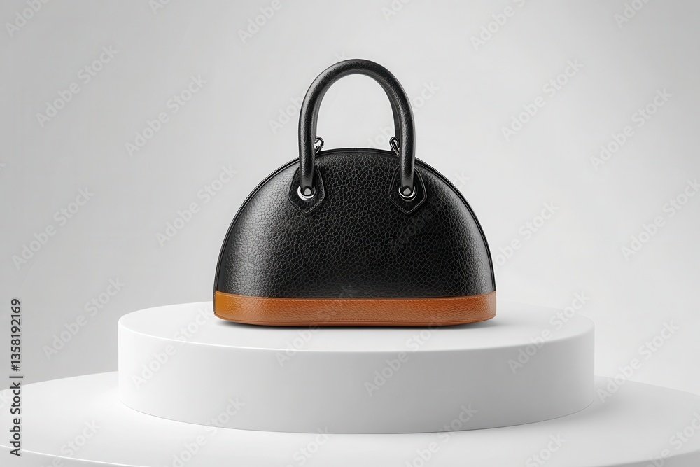 Chic Black Tan Dome Handbag on White Pedestal. Chic Black Tan Dome Handbag on White Pedestal.