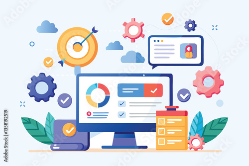 A colorful illustration showing version control elements on a computer screen with gears and checklists, Version control Customizable Flat Illustration