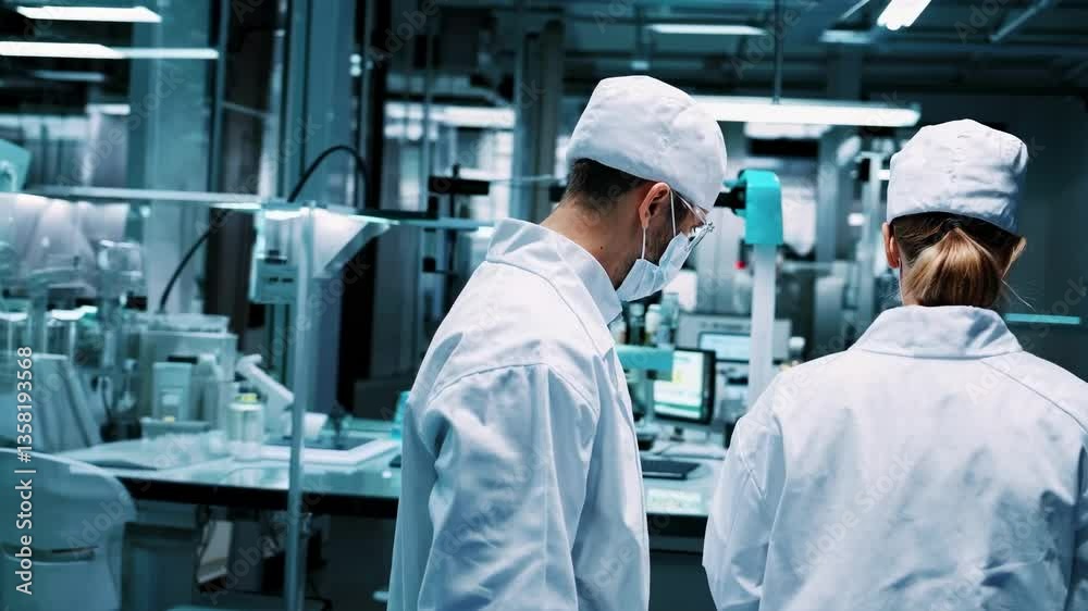 High-angle video of scientists in a modern lab, wearing white coats and masks, surrounded by advanced equipment and screens, conveying innovation. High-angle video of scientists in a modern lab, wearing white coats and masks, surrounded by advanced equipment and screens, conveying innovation.