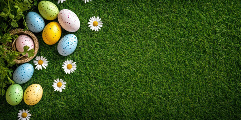 above top view of multi colored painted easter eggs on the green grass with springtime daisy flowers
