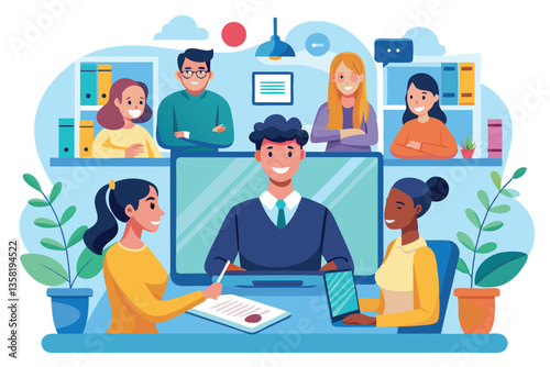 A diverse group participates in a video conference, discussing ideas and sharing insights in real time, Video conference with people group
