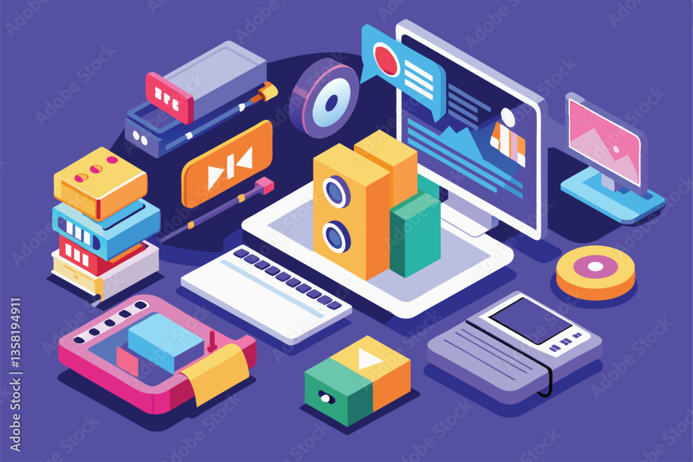 A vibrant workspace showcasing customizable media files and editing tools arranged around a computer, Video files Customizable Isometric Illustration A vibrant workspace showcasing customizable media files and editing tools arranged around a computer, Video files Customizable Isometric Illustration