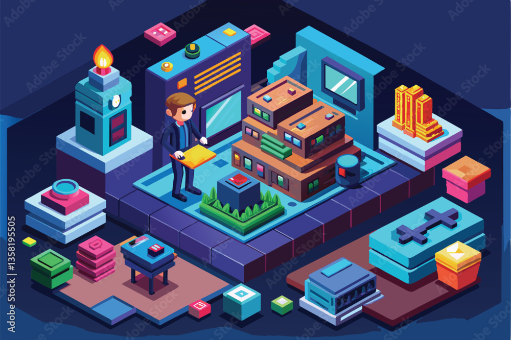 A developer engages with a vibrant isometric environment filled with interactive game elements, Video game developer Customizable Isometric Illustration A developer engages with a vibrant isometric environment filled with interactive game elements, Video game developer Customizable Isometric Illustration